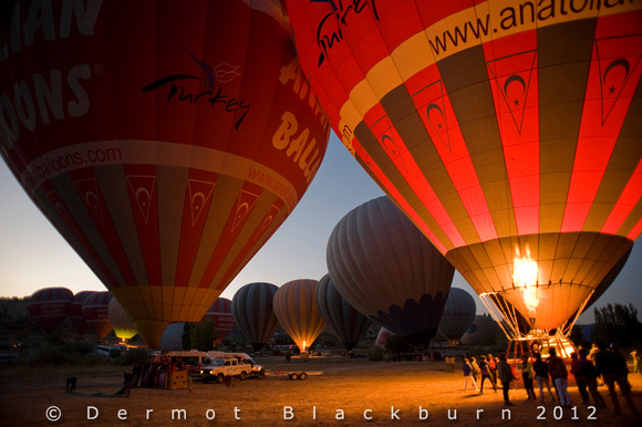 Hot air balloons prepare for launch, Göreme, Cappadocia, Turkey